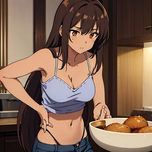 ((best quality)), ((masterpiece)), (detailed), perfect face, brown skin anime girl in a deep V Neck crossover cami top, (jeans trousers), famished in hunger, (gently resting hands on stomach), (long hair), (hands on her stomach)