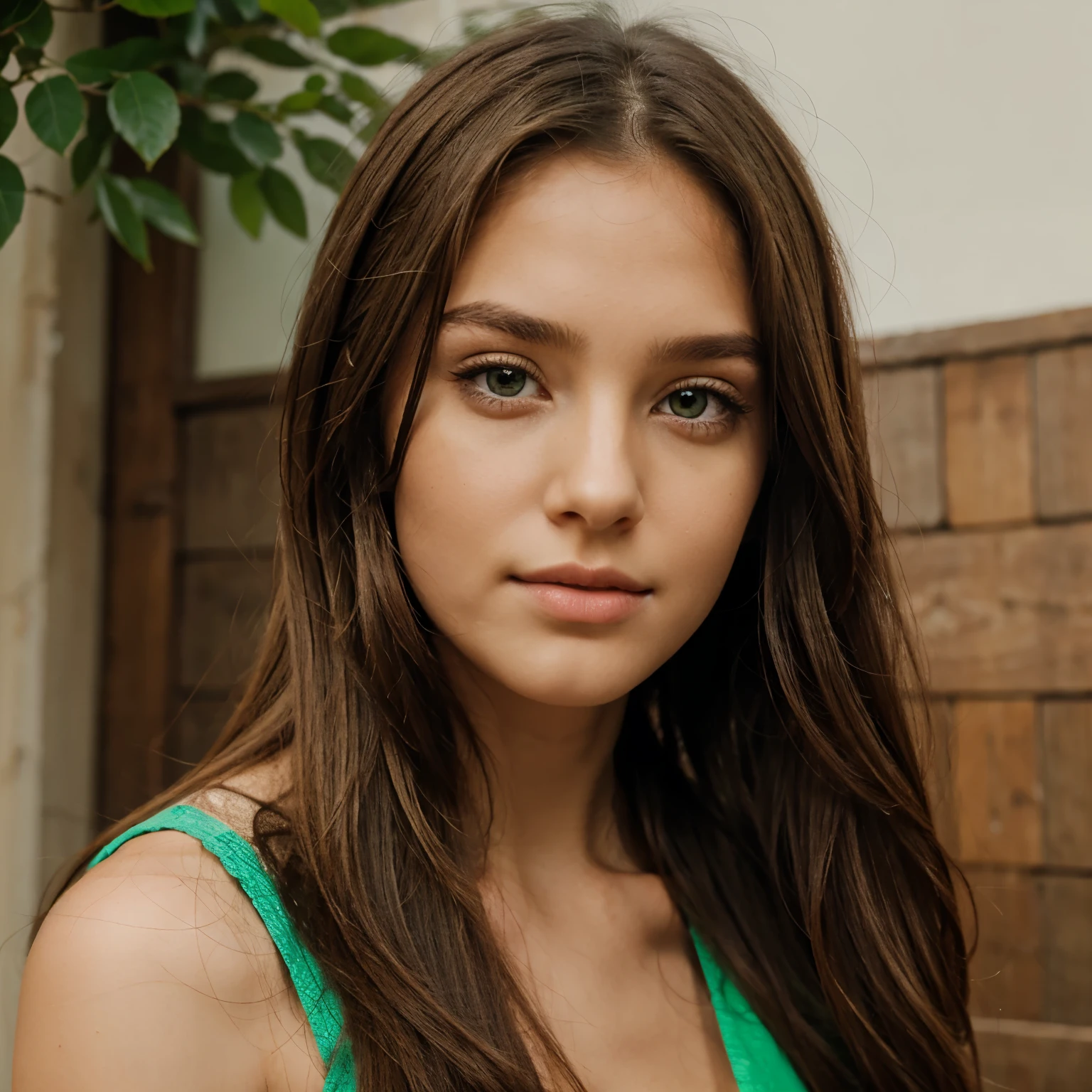 Girl with (brown long hair), (green Mystify eyes) fair skin