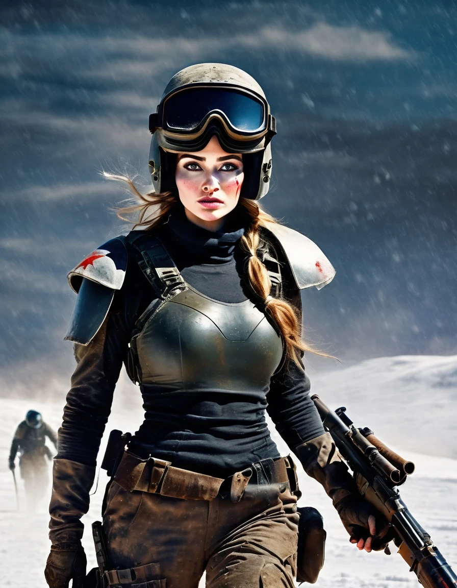 wasteland, An extremely beautiful female soldier holding a rocket launcher，Sci-fi future fantasy，helmet，Goggles，Blood and black paint on face，dirt，Injuried，old，Tragic，Tragic，Movie Stills，Siberia，Vast wasteland，Snow everywhere，Cold night，sci-fi art, in style of Amedeo Modigliani，fighting，War，A lot of fighters，background：Army Group Battlefield，