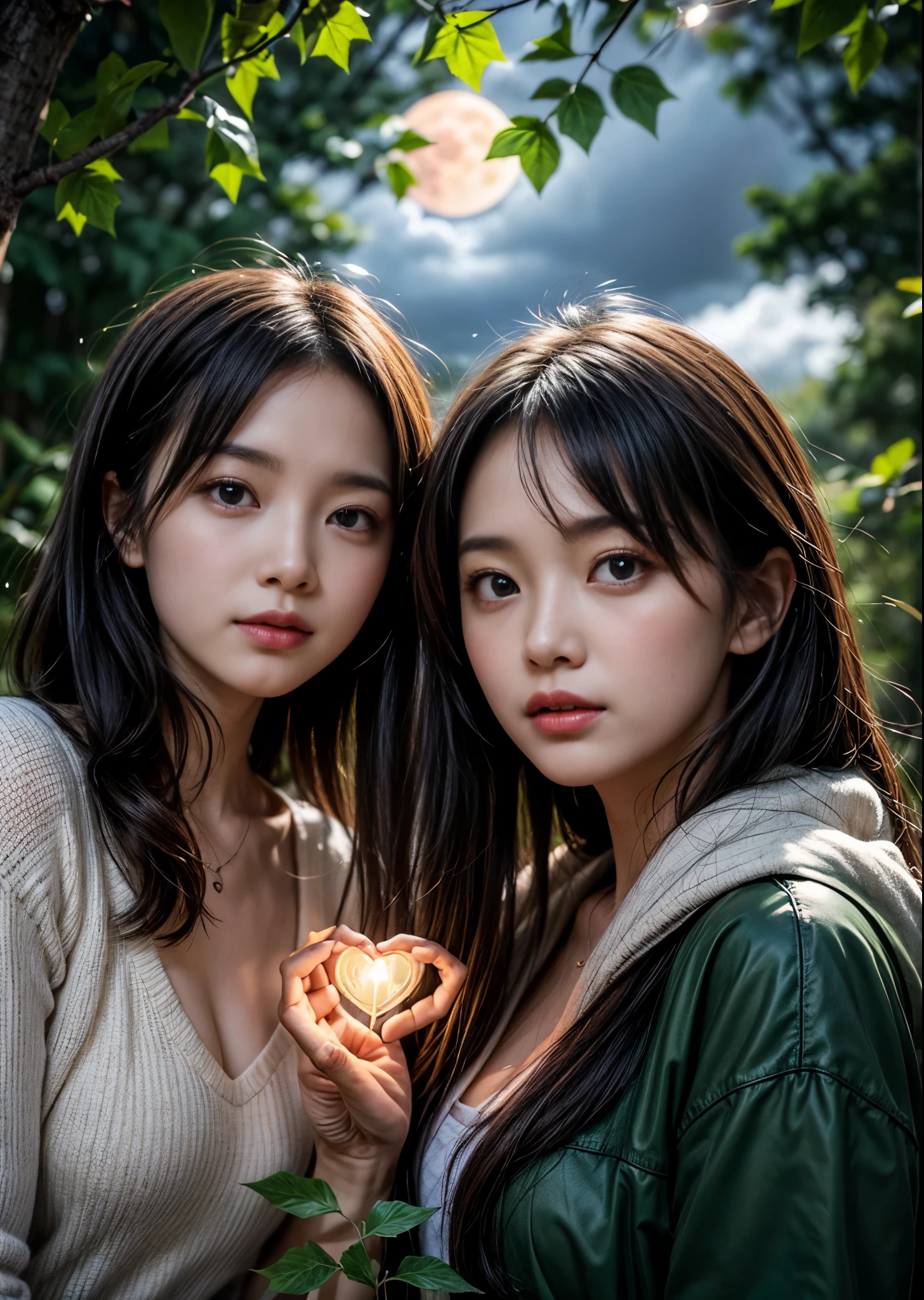 A female couple in a heart-shaped ivy hole wrapped around a thick tree.、A small light shines in the hole.、in the forest、Yellow Moon Night、The moon is half hidden by clouds、Sharp images、High color reproducibility、Attention to detail、live-action、Alluring、