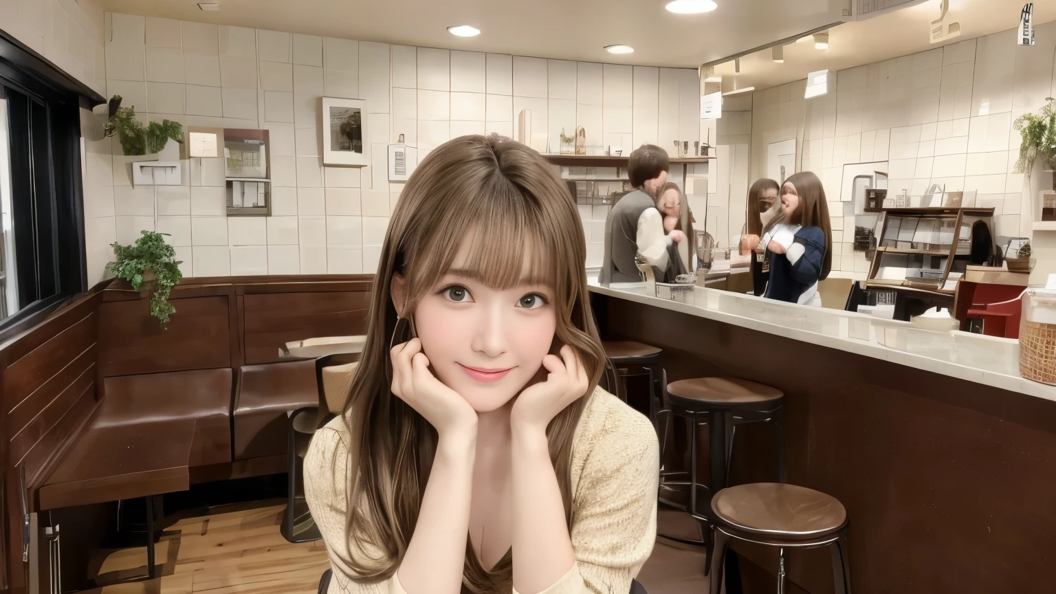 super high quality, Slender, Gravure photoshoot, The staff is working at the counter in the back., (8k、RAW Photos、highest quality、masterpiece:1.2), Japanese Idol, Brown Hair, Stylish café, The cafe is crowded with people enjoying themselves., (Realistic、Photorealistic:1.37), Mesh Hair, Golden Ratio, Raw photo, Cute face , Light Brown Hair, Small breasts, Blurred Background, Spring Clothes, Well-designed furniture, Loose Palmer, Beautiful hairstyle, Spoiled, Open Cafe, A kind smile, Hair blowing in the wind, Neat clothes, Berry Short, 18-year-old, 
