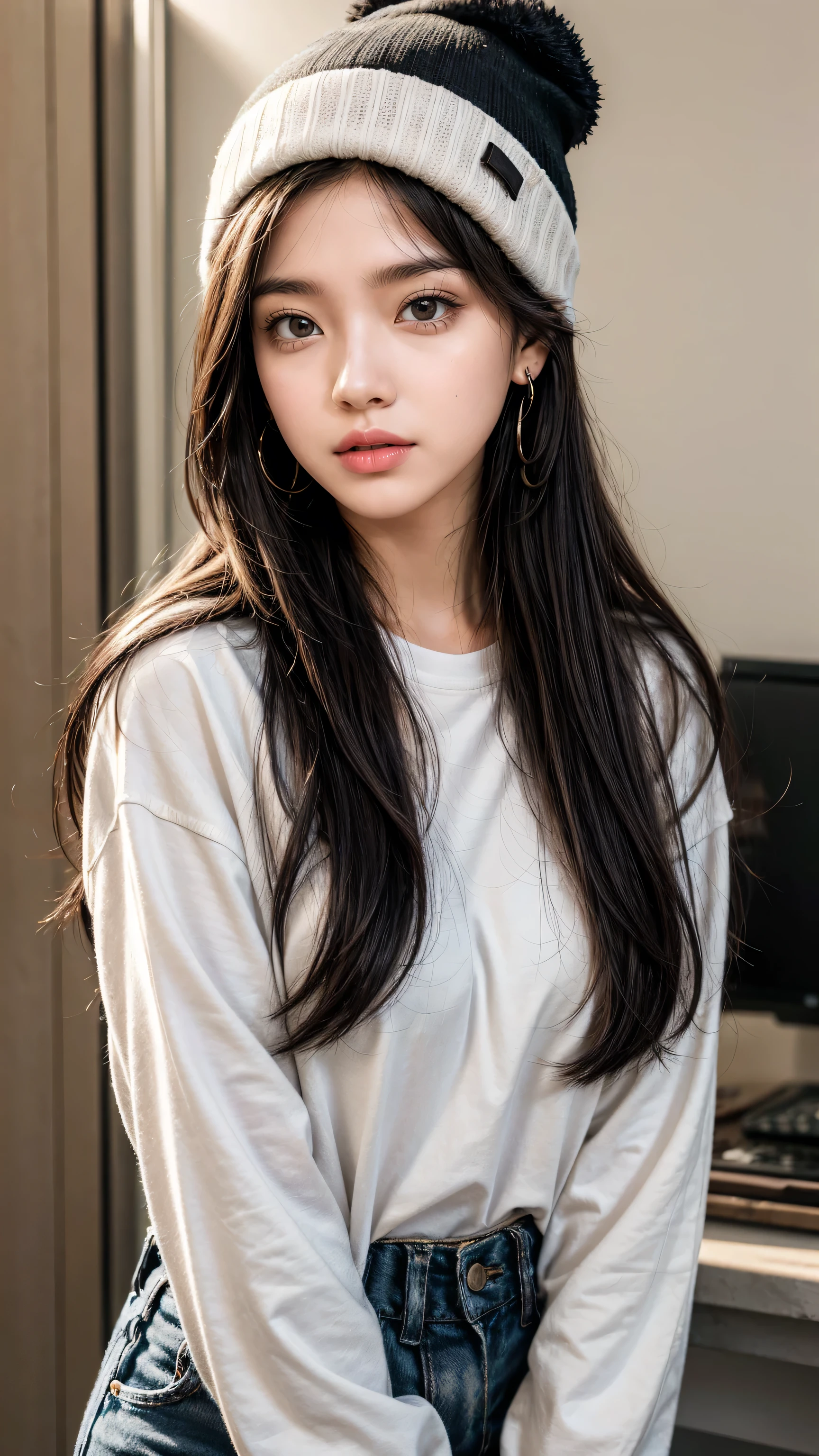 1gIrl, Solitary, long haIr, black haIr, wrItten clothes, Brown eyes, lookIng at the vIewer, beanIe, lIps, Upper Body, Shut up, shIrt, earrIngs, https://I.postImg.Cc/tCDfNDvp/Screenshot-20230606-212445.png