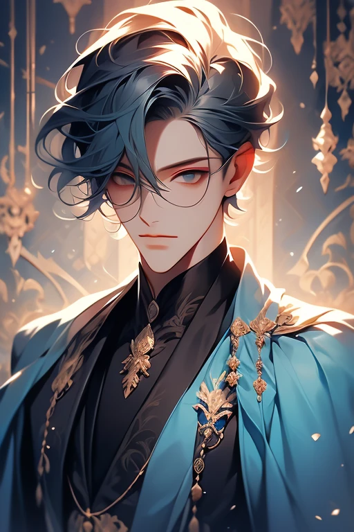 um close de uma pessoa vestindo uma capa e uma capa, vestindo roupas formais de fantasia, corpo todo, handsome androgynous prince, ((vestindo manto aristocrata)), delicate androgynous prince, roupas azuis escuras reais, roupas azuis escuras com brocado prateado, traje com detalhes em azul, vestes reais ornamentadas escuras, roupas elegantes reais imperiais, elegant cape, Capa real, casaco de pele, cabelo preto, olhos azuis, absurdo，A high resolution，ultra-detalhado），1 pessoa，adulto，bonito，garoto alto e musculoso，ombros largos，rosto masculino detalhado de 25 anos, Olhos finos e detalhados e rosto detalhado，Short cabelo preto，onyx eyes，Fantastic，efeito de sombra, flame，Brilho divino，