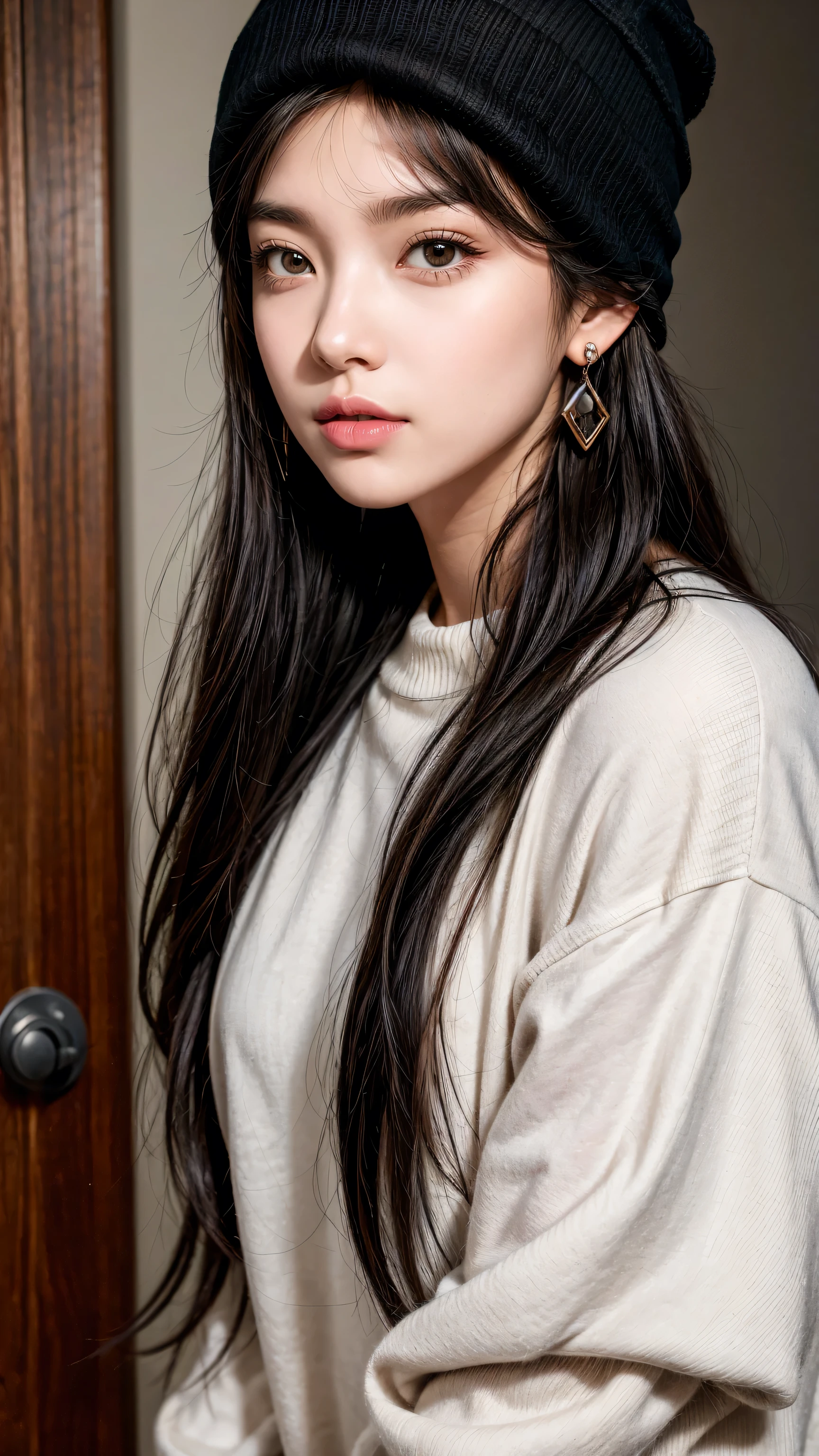 1gIrl, Solitary, long haIr, black haIr, wrItten clothes, Brown eyes, lookIng at the vIewer, beanIe, lIps, Upper Body, Shut up, shIrt, earrIngs, https://I.postImg.Cc/tCDfNDvp/Screenshot-20230606-212445.png