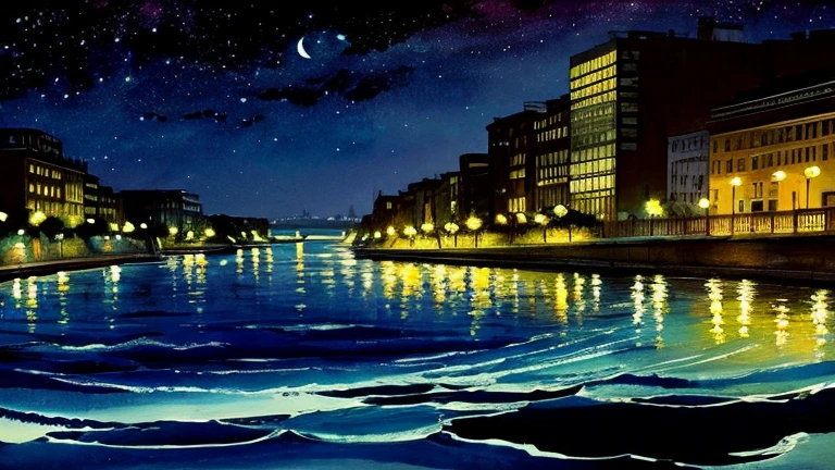 Ink Painting「River at night」 prompt: River at nightの風景を描く。