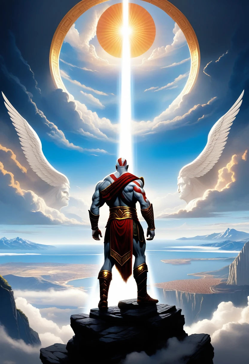 A moment of triumph, as Kratos and the Olympian gods look to the horizon, where Kronos is sealed in his distant prison. The sky is clear and serene, indicating the victory achieved and a secure future for Olympus.