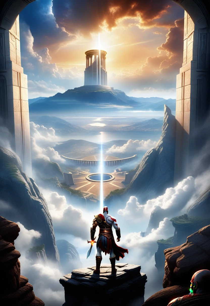 A moment of triumph, as Kratos and the Olympian gods look to the horizon, where Kronos is sealed in his distant prison. The sky is clear and serene, indicating the victory achieved and a secure future for Olympus.