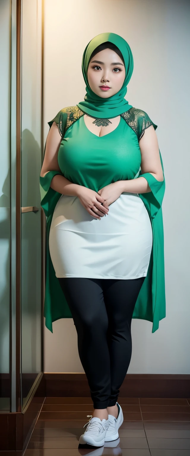 1 chinese-Indonesian girl, modern plain hijab, shy, medium portrait, watery eyes, wearing pastel green kebaya, ((big breasts)), black bokeh background, well-proportioned body,, chubby massive thighs, full body pose, Hena art on the body, hena art the arm, full body view , wearing white sneakers