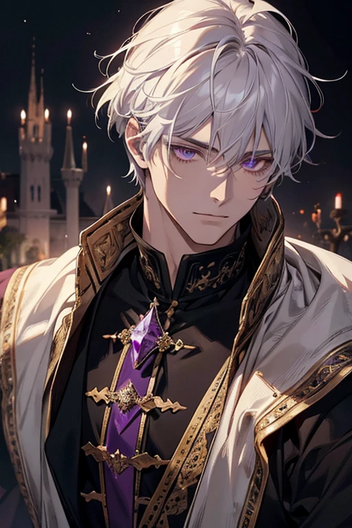 1male, calm, age 35 face, short messy with bangs, white hair, amethyst colored eyes, royalty, prince, black clothes, in a castle, close up, medieval times