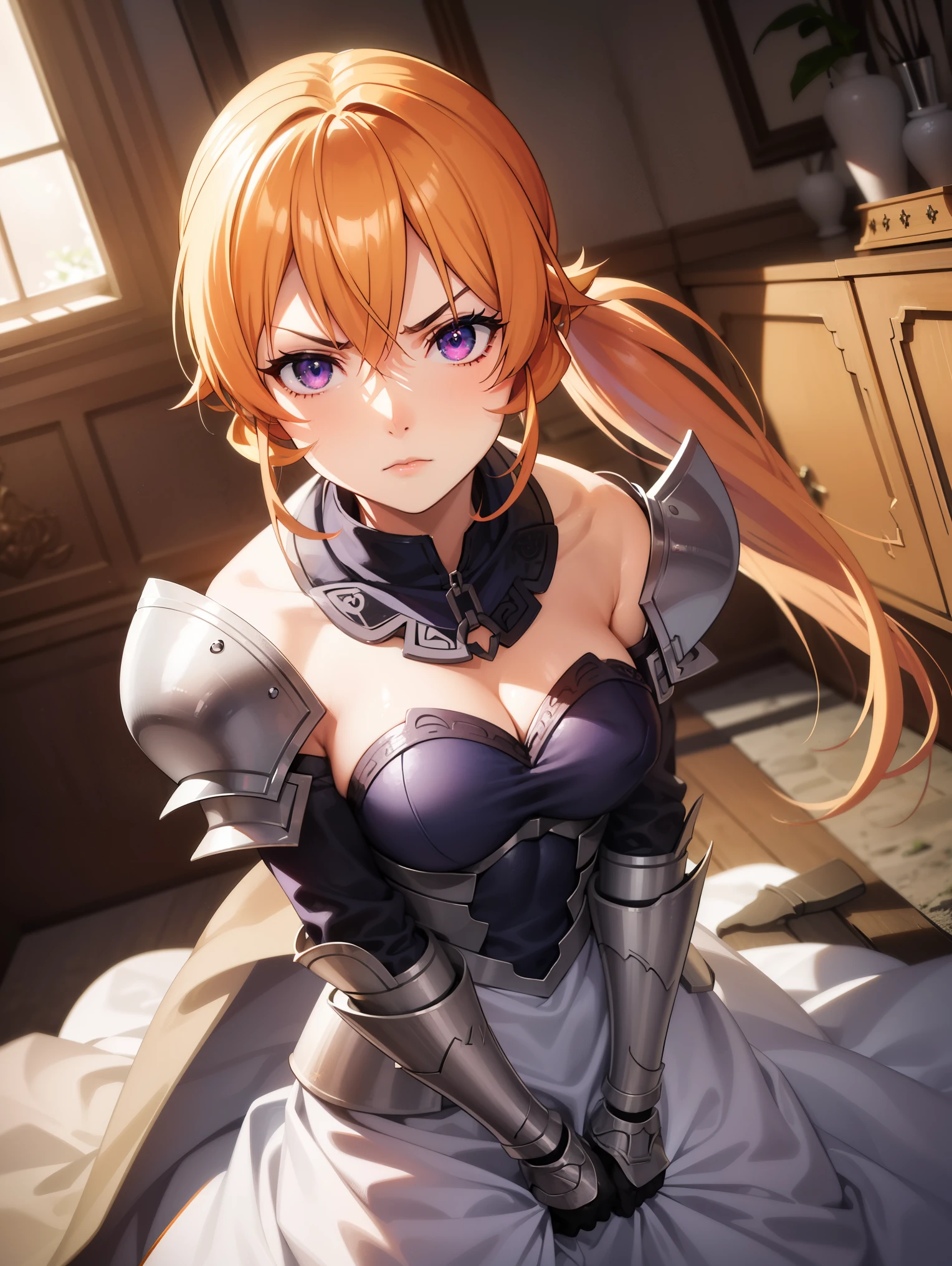 erinanakiri, erina nakiri, long hair, orange hair, (purple eyes:1.1), hair between eyes, frown, angry,
BREAK (white dress, armor, armored dress, chain, collar, dress, faulds, gauntlets, headpiece, metal collar, plackart ,ponytail:1.2),
BREAK cowboy shot, front view:1.0, looking at viewer, looking away,
BREAK (masterpiece:1.2), best quality, high resolution, unity 8k wallpaper, (illustration:0.8), (beautiful detailed eyes:1.6), extremely detailed face, perfect lighting, extremely detailed CG, (perfect hands, perfect anatomy),