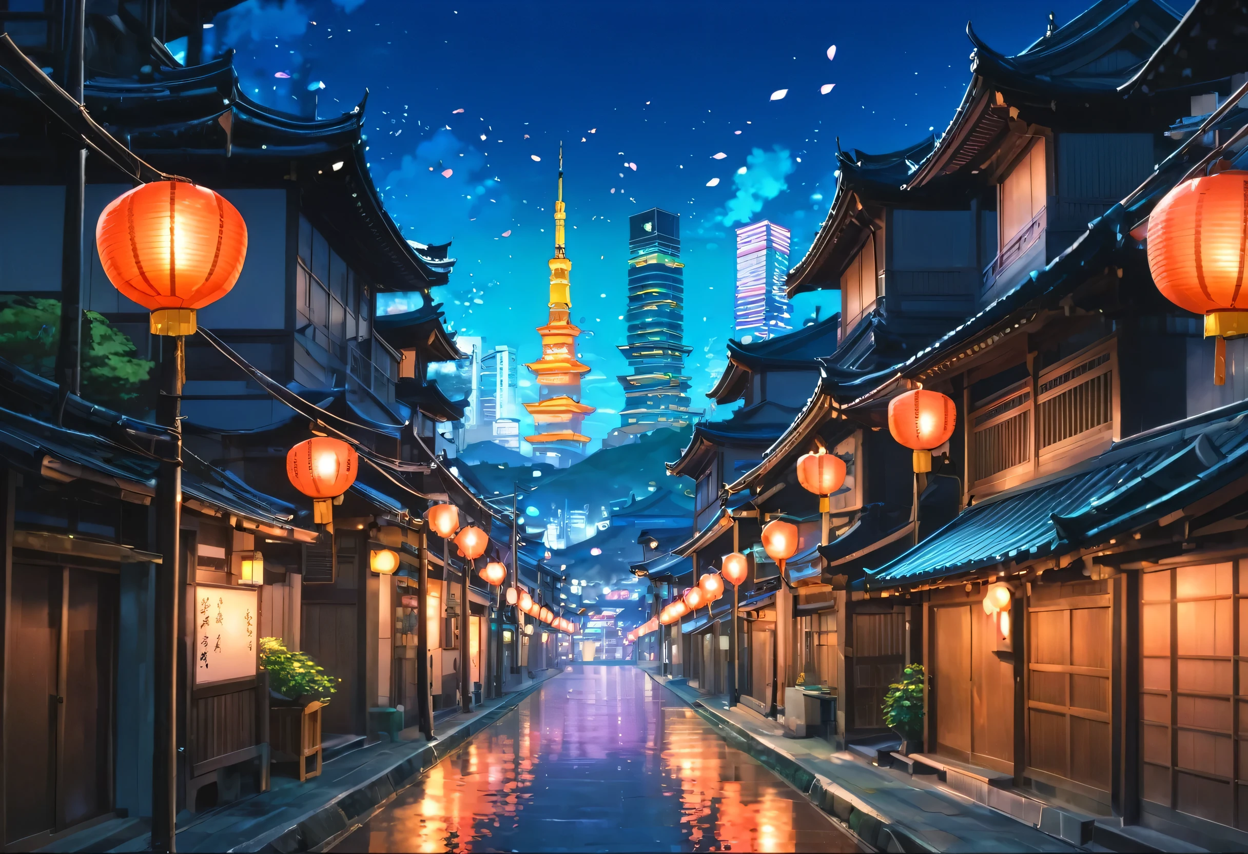 Painting of a street with lanterns and a tower in the background, Beautiful anime scene, Beautiful peaceful scene in anime, Japanese cities, Japanese Town, Anime Background art, Ross Tran. Landscape Background, Colorful Fox City, beautiful Anime Scenery, Dreamy city in China, 🌺 society, Anime Background, Anime atmosphere, Colorful anime movie background, Japan Streets, Anime Scenery