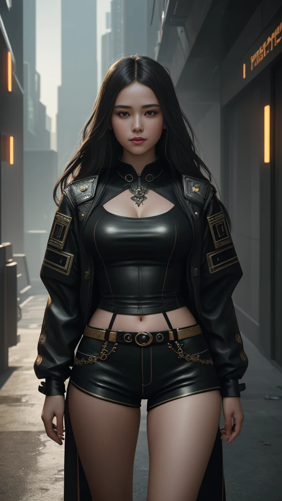 Commercial portraits of teenage girl models on Instagram. Wearing long-sleeved shirts and shorts in the midst of a futuristic city In the style of realistic cyberpunk, baroque, intricate clothing details, aristocratic., hot, gorgeous, full body , perfect light perfect composition Beauty Award winning masterpiece Artstation 8 k Artgerm Mucha Dim Volumetric lighting Octane 18 k Beautiful detail rendering. post processing, portrait, exaggerated detail, complex, grand composition, cinematic lighting, masterpiece, trending art station, high detail, masterpiece, beautiful, 18k , HDR, smooth, sharp focus, high resolution.