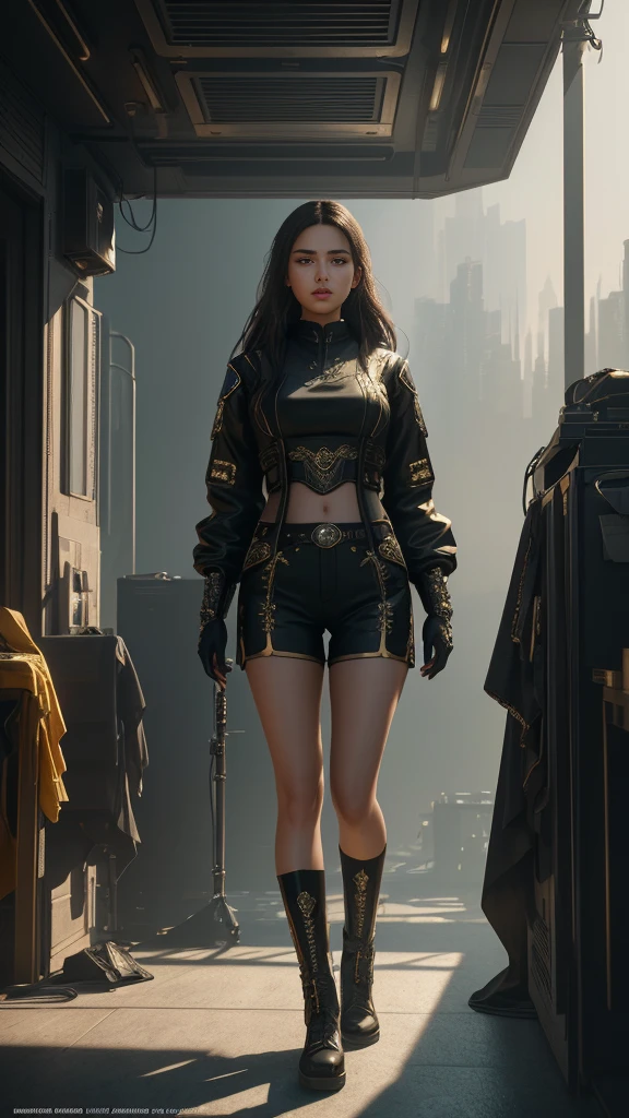 Commercial portraits of age girl models on Instagram. Wearing long-sleeved shirts and shorts in the midst of a futuristic city In the style of realistic cyberpunk, baroque, intricate clothing details, aristocratic., hot, gorgeous, full body , perfect light perfect composition Beauty Award winning masterpiece Artstation 8 k Artgerm Mucha Dim Volumetric lighting Octane 18 k Beautiful detail rendering. post processing, portrait, exaggerated detail, complex, grand composition, cinematic lighting, masterpiece, trending art station, high detail, masterpiece, beautiful, 18k , HDR, smooth, sharp focus, high resolution.