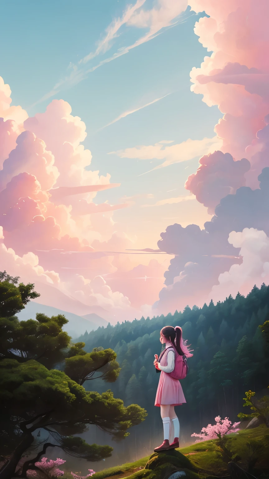 Inspirational image of oriental girl on forest background with pink clouds