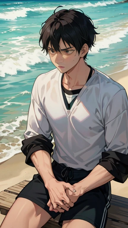 In the high-resolution image, Tobio Kageyama from the popular anime series "Haikyuu!!", sits alone on the sandy beach with the vast expanse of the sea stretching out before him. The sun casts a warm glow over his sleek, black hair as he gazes intently out at the horizon with a focused expression. oddly shaped seashells scattered around him.
As you take a closer look, the detailed eyes of Tobio come into focus. His deep-set brown eyes are full of intensity and determination, the irises flecked with gold, the lashes long and dark. Every fiber of his being seems to be radiating energy.
Tob