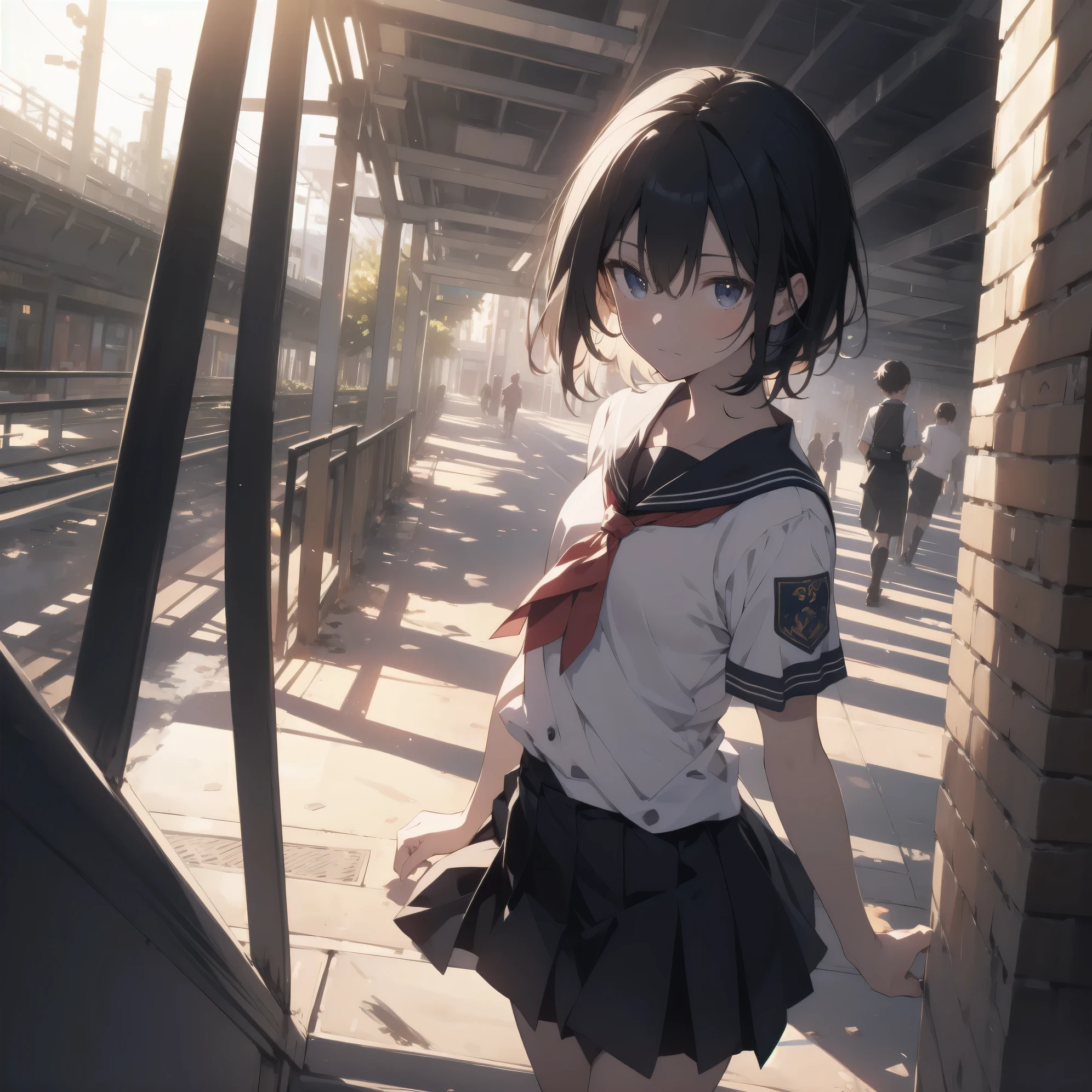 ultra-absurdres-Top quality by artist God, ultra-detailed, high resolution, anime moe artstyle, best anime 8k konachan wallpaper, pixiv contest winner, pool:2810, perfect anatomy,break, 1girl, (Please draw a girl walking to school alone. )break,(Solo,little female, 13-year-old:1.3),Full limbs, complete fingers,a junior high school student, (very short hair), short cut, flat chest, , small butt, small black eyes, beautiful detailed eyes, well-proportioned iris and pupils, expressive eyes, highres detailed hair, soft expression, school_uniform, serahuku, neckerchief, short sleeves, pleated skirt,(Detailed Lighting), (Detailed background), in the School commute route. break,super detailed skin, Best cinematic lighting powered by famous artist, 8k,beauty illustration,photoshop_(medium),very aesthetic,break,((artist:dd_(ijigendd) )), artist:bolze ,artist:oyari ashito ,artist:kantoku ,