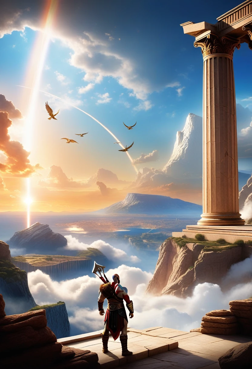 A moment of triumph, as Kratos and the Olympian gods look to the horizon, where Kronos is sealed in his distant prison. The sky is clear and serene, indicating victory achieved and a secure future for Olympus (showing Kronos being sealed and the Gods and Kratos looking on and celebrating).