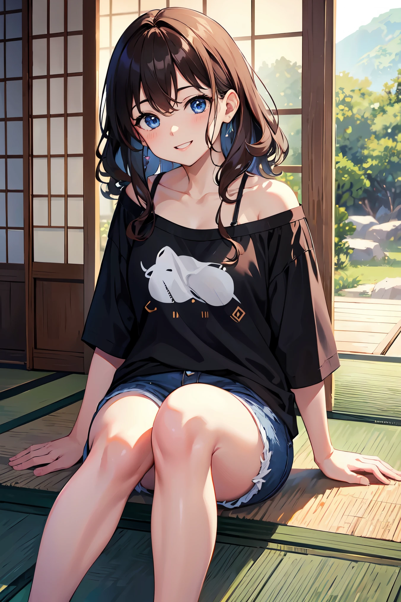 Ultra-high resolution、8k, wallpaper, highest quality,sunlight、Perfect lighting、 masterpiece, haruka amami, (smile: 1.2), 1 high school girl、Brown Hair、Curly Hair、Blue Eyes、Dense lips、Black knit T-shirt、Off the shoulder、 BREAK denim shorts, barefoot, Thighs, Best lighting, Complex pupil, Complex weaving, Detailed Background, Japanese countryside、tatami、