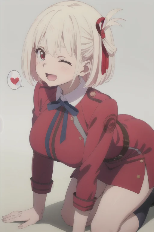 1girl, solo, masterpiece, best quality,
Green Lantern Corps uniform,blue ribbon, lycoris recoil, nishikigi chisato, chisato nishikigi, red eyes, blonde hair, short hair, bob cut, hair ribbon, neck ribbon, two-tone dress, red dress, grey dress, long sleeves, taut clothes, , large breasts, bare legs, socks, loafers,
all fours, looking at viewer, breasts,
blush, smile, one eye closed, ;o, open mouth, profile,
simple background, white background, heart background, heart, spoken heart