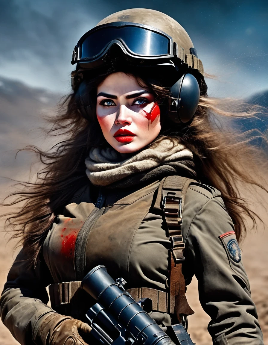 wasteland, An extremely beautiful female soldier holding a rocket launcher,Sci-fi future fantasy,helmet,Goggles,Blood and black paint on face,Chapped lips,dirt,Injuried,old,Tragic,Tragic,Movie Stills,Siberia,Vast wasteland,Snow everywhere,Cold night,sci-fi art, in style of Amedeo Modigliani,fighting,War,A lot of fighters,background:Army Group Battlefield,