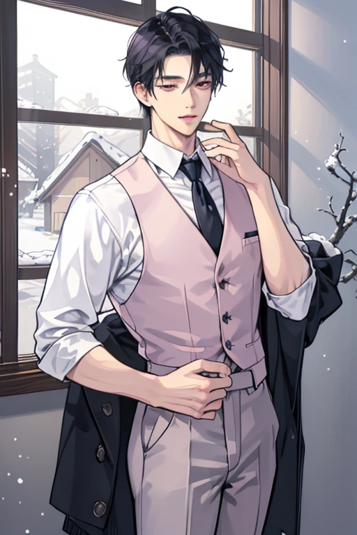 there is a man in white vest and tie standing in front of window with snowy night scenery. inspired by Hisui Sugiura, with very highly detailed face, it has a piercing gaze, handsome stunning realistic, anime handsome man, ultra realistic picture, inspired by Itō Ogura Yonesuke, character close up, sui ishida with black hair, half body picture with hand pose