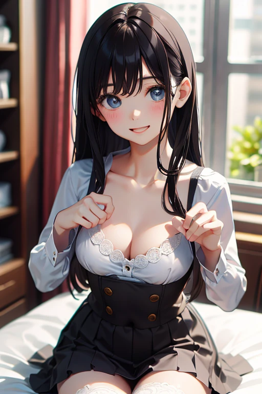 masterpiece, highest quality, One girl, View your viewers, Small waist, RAWphotograph,Hands intricately、Beautiful fingertips、 Ultra-realistic, High resolution, photograph, Sharp focus, Most detailed, Very detailed, Super detailed, In detail, Very detailed eyes,Very detailed hand、Idol、Thighs, beautiful girl,View your viewers, Small waist,Symmetrical face, whole body、White lace skin tight dress、No sleeve、White lace tight skirt、White lace knee socks、Cleavage、Large Breasts、Beautiful clavicle、Long Hair、Beautiful navel、beautiful Cleavage、The bouncing breasts、grass、Shyness、Happy expression、First Date、in room.on bed