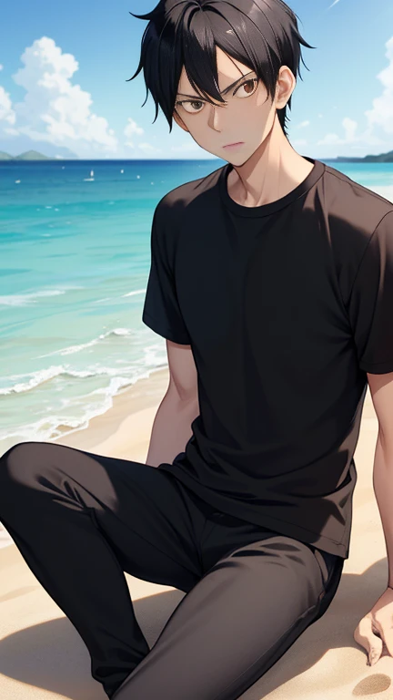 In the high-resolution image, Tobio Kageyama from the popular anime series "Haikyuu!!", sits alone on the sandy beach with the vast expanse of the sea stretching out before him. The sun casts a warm glow over his sleek, black hair as he gazes intently out at the horizon with a focused expression. oddly shaped seashells scattered around him.
As you take a closer look, the detailed eyes of Tobio come into focus. His deep-set brown eyes are full of intensity and determination, the irises flecked with gold, the lashes long and dark. Every fiber of his being seems to be radiating energy.
Tob