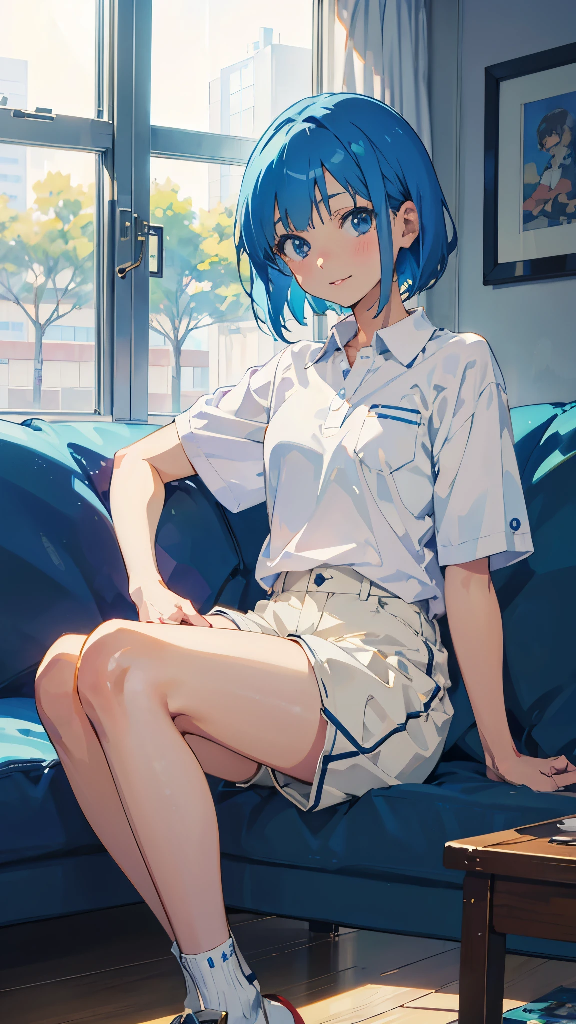 Anime girl in white polo shirt and white shorts sitting on sofa、Suzuki Tsuzumi、Indigo Hair:1.3、Bobcut、White hair band:1.2、(LOL:1.1)、 Smooth anime CG art, Anime Moe Art Style, Enchanting anime girl, Curvaceous, Cute Anime Girl, Cute 3D anime girl render, Photorealistic anime girl rendering, Painted in an anime artist's studio, Cute girl anime visuals, Digital anime art!!