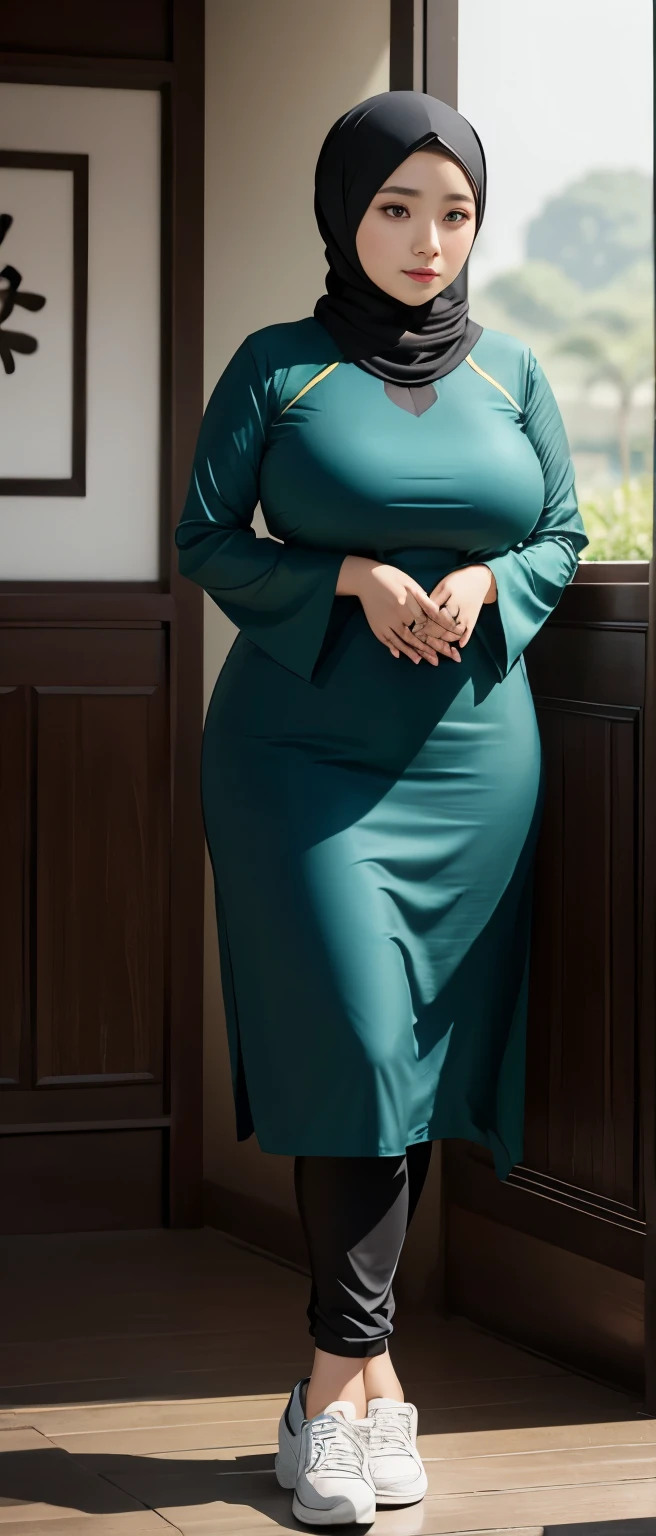 1 chinese-Indonesian girl, modern plain hijab, shy, medium portrait, watery eyes, wearing blue dark green kebaya, ((big breasts)), black bokeh background, well-proportioned body,, chubby massive thighs, full body pose, Hena art on the body, hena art on arms, full body view , wearing white sneakers