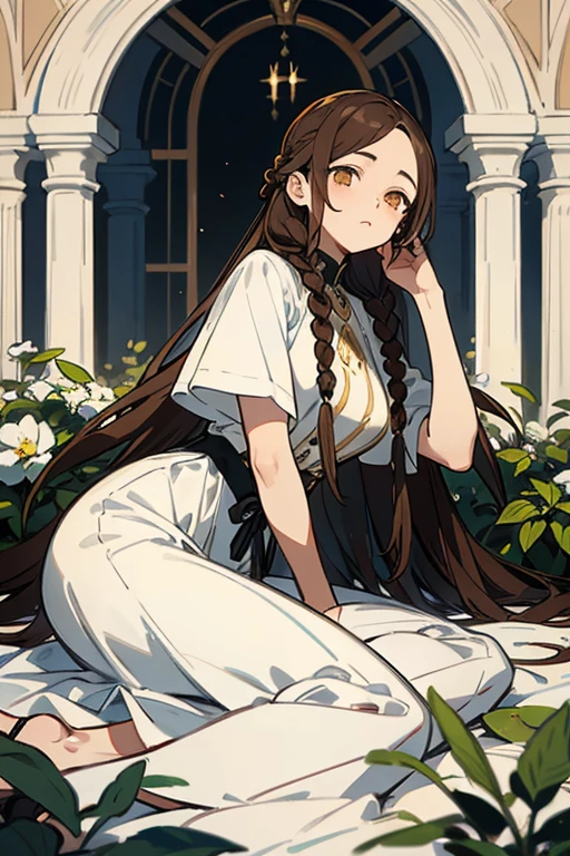 1 woman, (masterpiece, best quality:1.2), wearing white clothing, garden setting, dark theme, very long hair, waist length hair, braided hair on the left side, brown hair, golden eyes