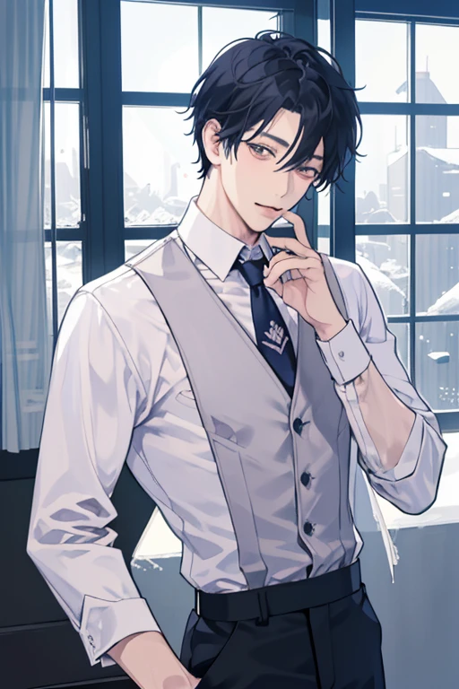 there is a man in a white vest and tie in front of the window with snowy night scenery. inspired by Hisui Sugiura, com rosto muito detalhado, tem um olhar penetrante, lindo impressionante realista, anime homem bonito, imagem ultra realista, inspirado em Ito Ogura Yonesuke, personagem de perto, Sui Ishida com cabelo preto, half body photo with hand pose
