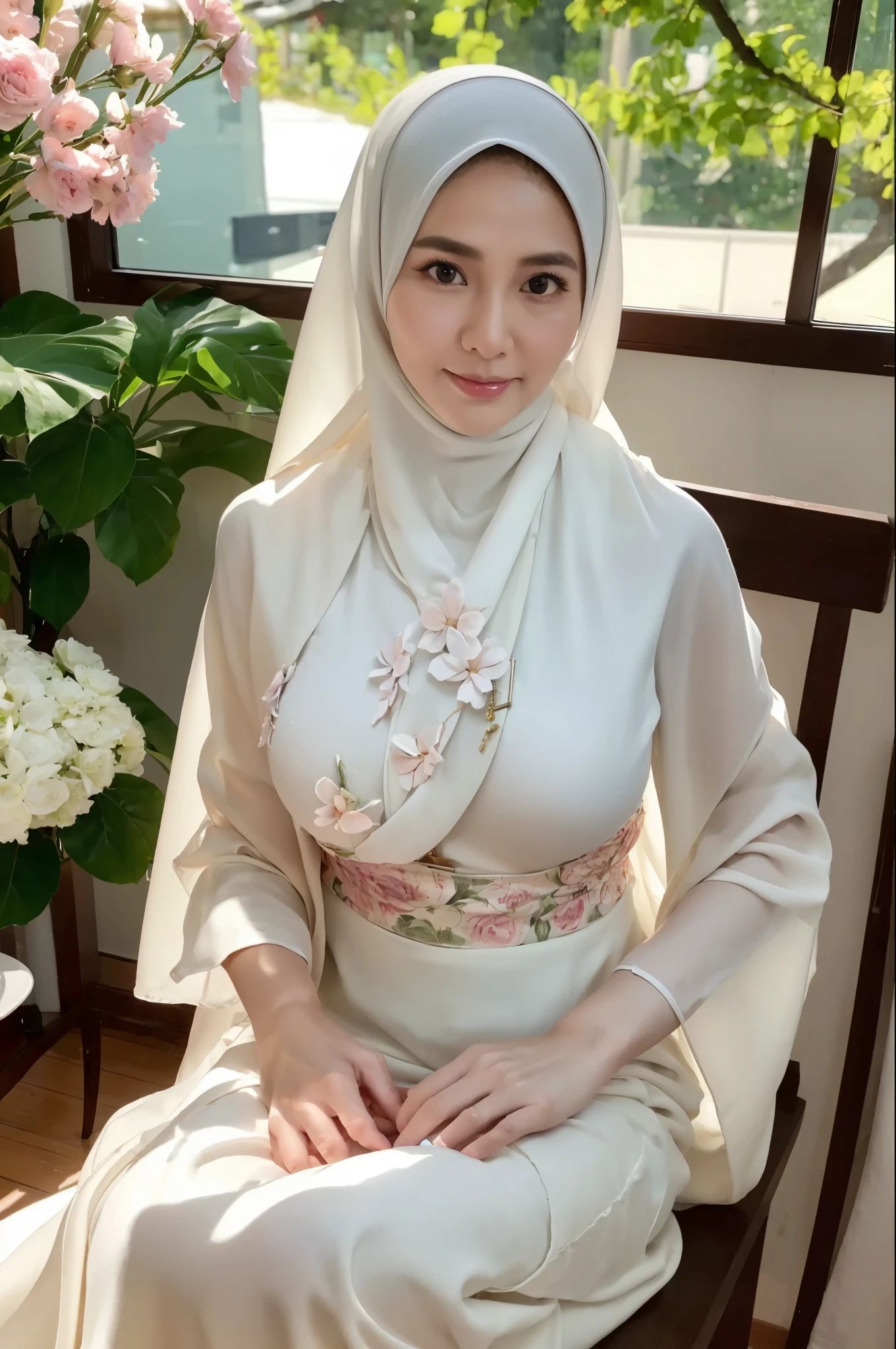 50 years Old, Hijab Indonesian mature woman, Big Tits : 66.9, Gamis, Breast out from her clothes : 1.9, at doctor office, Dark light, at Nighttime