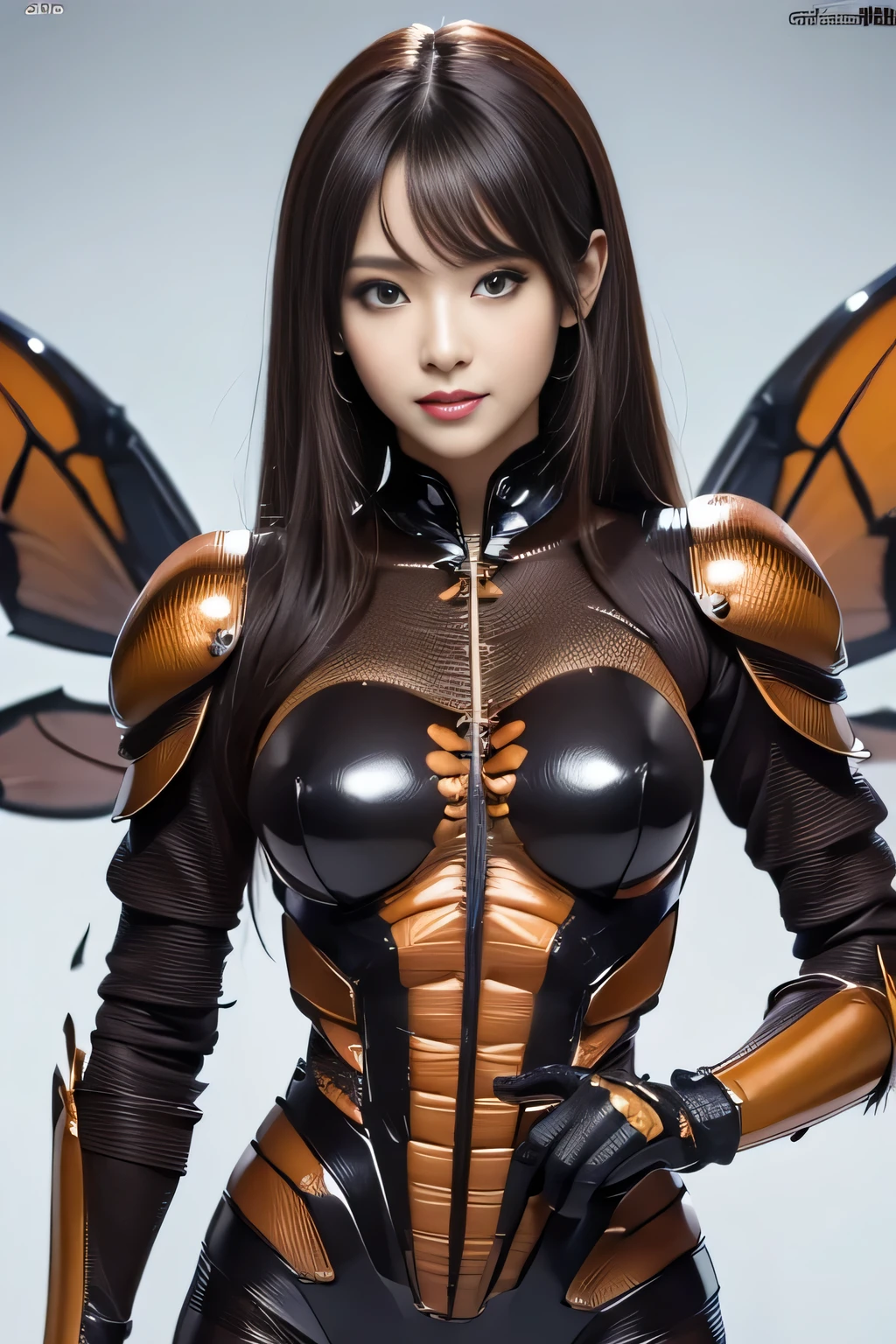 (high resolution,masterpiece,best quality,extremely detailed CG, anime, official art:1.4), realistic, photo, amazing fine details, all intricate, gloss and shiny,awesome many layers, 8k wall paper, 3d, sketch, kawaii, illustration,( solo:1.4), perfect female proportion,villainess, (fusion of dark brown cockroach and lady:1.4), (brown cockroach form lady:1.2), (brown cockroach lady:1.2), (fusion:1.2), (solo:1.4), (evil smile:1.2), muscular, abs, (cockroach brown exoskeleton bio insect suit:1.4), (cockroach brown exoskeleton bio insect armor:1.2), (brown transparency cockroach wing:1.4), (brown cockroach antennae:1.3),