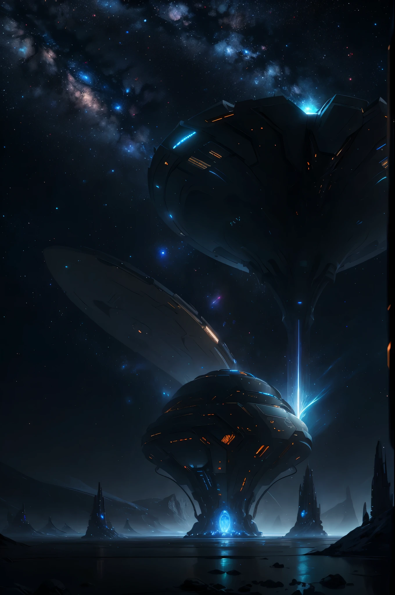 In the vast expanse of deep space, a colossal server building stands proudly on the right side of the image. Its metallic surface shines under the ethereal glow of distant stars, reflecting a myriad of twinkling lights that add to the enchanting scene. Surrounding it are humanoid mechanical creatures, intricately designed with nuanced details and glowing accents that give them an otherworldly aura. A high-tech shuttle, the size of a thumb in the picture, is situated on the lower left. Its sleek, metallic body emits a faint, pulsating glow, giving it a sense of mystique and wonder. The ultra-detailed landscape