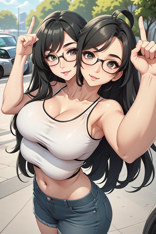 2heads, a tall thin woman with 2 heads. She has small breasts. She is outside at the park. She is wearing a band T-shirt. She is wearing jeans. She is wearing thick glasses. She has long black curly hair. She looks young. She has big perky breasts. She is extremely tall. She is very thin. She looks seductive. She looks flirty. She looks happy, smiling wide. Blushing. She has small breasts. She has a lot of freckles. She has 2 heads. She is very skinny. Her breasts are small and perky. She is wearing eyeliner. Selfie POV, taking a selfie. Holding phone, taking selfie.