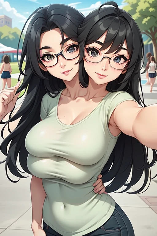 2heads, a tall thin woman with 2 heads. She has small breasts. She is outside at the park. She is wearing a band T-shirt. She is wearing jeans. She is wearing thick glasses. She has long black curly hair. She looks young. She has big perky breasts. She is extremely tall. She is very thin. She looks seductive. She looks flirty. She looks happy, smiling wide. Blushing. She has small breasts. She has a lot of freckles. She has 2 heads. She is very skinny. Her breasts are small and perky. She is wearing eyeliner. Selfie POV, taking a selfie. Holding phone, taking selfie.