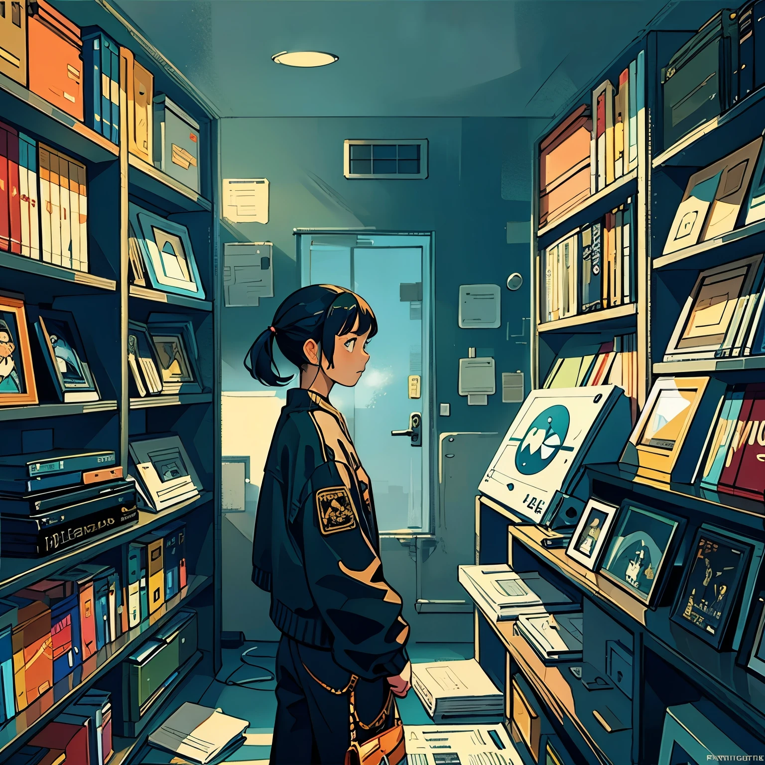 (longshot), wideshot, (film noise), old cartoon, (lots of records:1.3), vinyl record shop, (masterpiece, highest quality, highest quality, official art, beautiful and aesthetic: 1.2), (woman listening to music with 1 headphones), very detailed, (fractal art: 1.4), supreme detail, guitar, (notes: 1.4), ( lo-fi hip-hop), side view, old anime texture, solo, loudspeaker, cyberpunk, vinyl