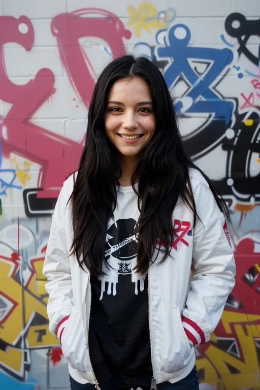 2934774106 girl standing smile on her face graffiti on a wall, long loose hair, straight black hair,