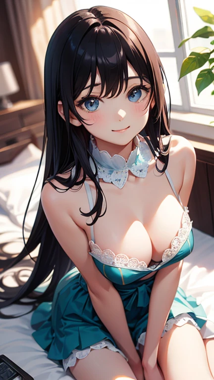 masterpiece, highest quality,健全なphotograph、 One Girl, View your audience, Small waist, RAWphotograph,Ultra-realistic, High resolution, photograph, Sharp focus, Most detailed, Very detailed, Very detailed, In detail, Very detailed目と顔、Idol、Thighs, beautiful girl,View your audience, Small waist,Symmetrical face, whole body、White lace azalea、White lace knee socks、Cleavage、Large Breasts、Long Hair、はだけたThighs、美しいCleavage、Shaking breasts、Happy smile、bed