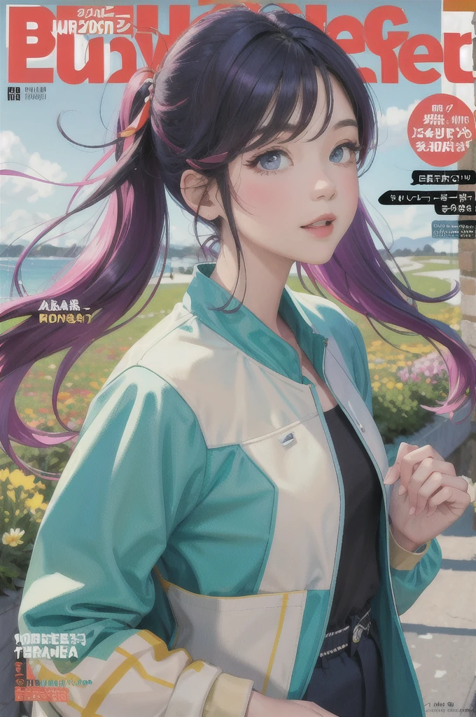 masterpiece, best quality, spring outfit, colorful hair, outdoor, magazine cover ,upper body,