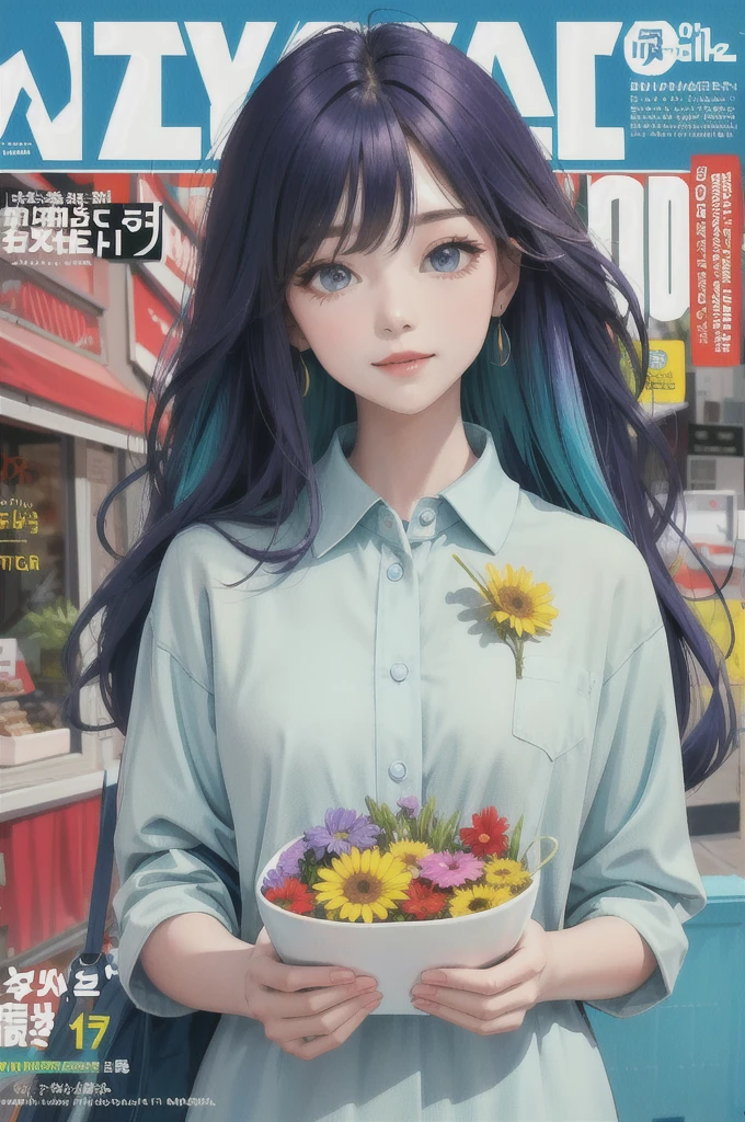 masterpiece, best quality, spring outfit, colorful hair, outdoor, magazine cover ,upper body,
