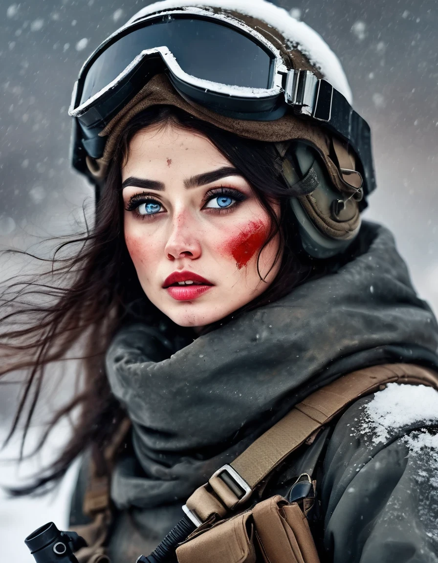 wasteland, An extremely beautiful female soldier holding a rocket launcher，Sci-fi future fantasy，helmet，Goggles，Blood and black paint on face，Chapped lips，dirt，Injuried，old，Tragic，Tragic，Movie Stills，Siberia，Vast wasteland，Snow everywhere，Cold night，Cyberpunk，sci-fi art, in style of Amedeo Modigliani，fighting，War，A lot of fighters，background：Army Group Battlefield，