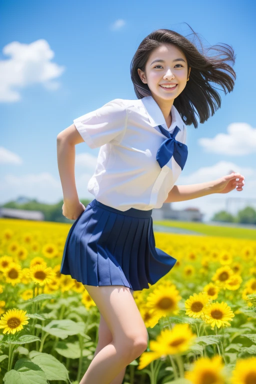 (highest quality,4K,8k,High resolution,masterpiece:1.2),Very detailed,(Realistic,photoRealistic,photo-Realistic:1.37),Portraiture,Bright colors,Sharp focus,HDR Beautiful Japanese with magical big eyes, Beautiful, moisturized eyes, Complex black hair, I cut my hair short. She is wearing (school uniform:1.5) Short sleeve blouse and pleated skirt. She has beautiful legs and a happy smile. The scene is、The setting is a sunflower field on a sunny summer day with blue skies and white clouds.。. Lighting is provided by professionals, And the photographer is a professional.