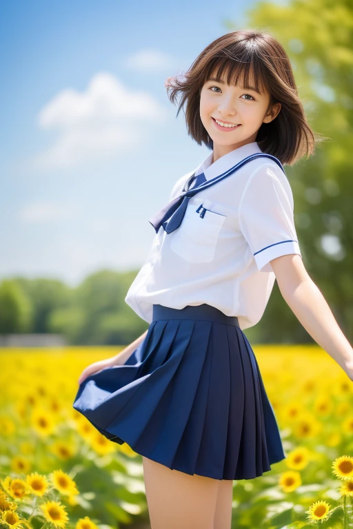 (highest quality,4K,8k,High resolution,masterpiece:1.2),Very detailed,(Realistic,photoRealistic,photo-Realistic:1.37),Portraiture,Bright colors,Sharp focus,HDR Beautiful Japanese  with magical big eyes, Beautiful, moisturized eyes, Complex black hair, I cut my hair short. She is wearing  (school uniform:1.5) Short sleeve blouse and pleated skirt. She has beautiful legs and a happy smile. The scene is、The setting is a sunflower field on a sunny summer day with blue skies and white clouds.。. Lighting is provided by professionals, And the photographer is a professional.