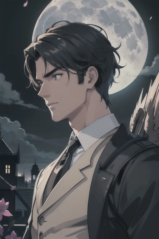 (absurdres, highres, ultra detailed), 1 male, adult, handsome, tall muscular guy, broad shoulders, finely detailed eyes and detailed face, fantasy, night, dark theme, cinematic lighting, colorful, portrait, flying petal, Flowery meadow, cloudy sky, building, moon, light, dutch angle, cowboy shot