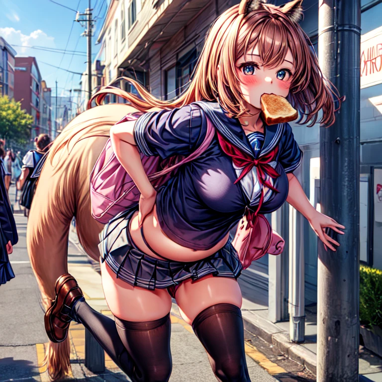 masterpiece, highest quality, girl, serafuku,School zone、 Ribbon on chest, Pleated skirt, Blue socks, loafers, City Street, running, Toast in the mouth,、、Giant tit、Nippluffsage、Pluuper bts、Super big butt、Hurip、Embarrassing、blush、stick、be late