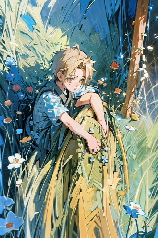Realistic Anime. A top angle view of a boy sitting on a field of flowers.. Highly detailed digital painting.