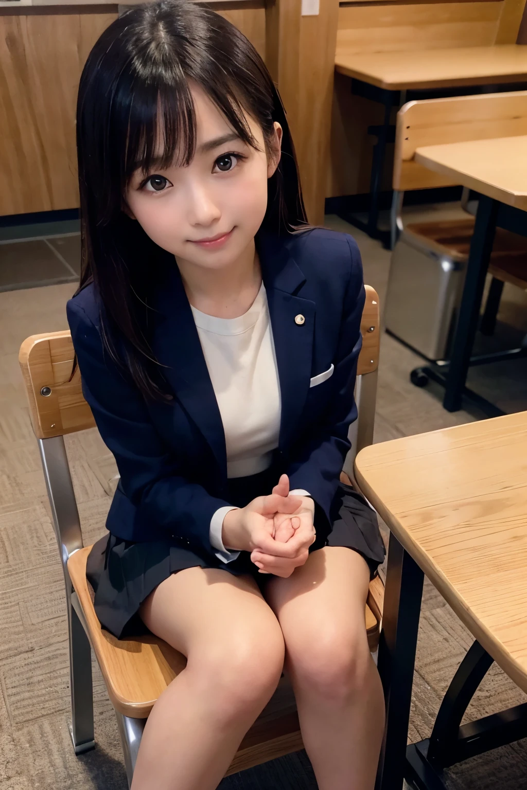 best quality, facial focus, soft light, (depth of field), ultra high res, (photorealistic: 1.4), RAW photo, (upper knees: 1.4), (sideways) 1Japanese girl, solo, handsome, (shy, smile: 1.1), (brown eyes), detailed beautiful face, (long hair), shopping center, (seated chair), (school uniform: 1.4, navy skirt, navy Blazer)