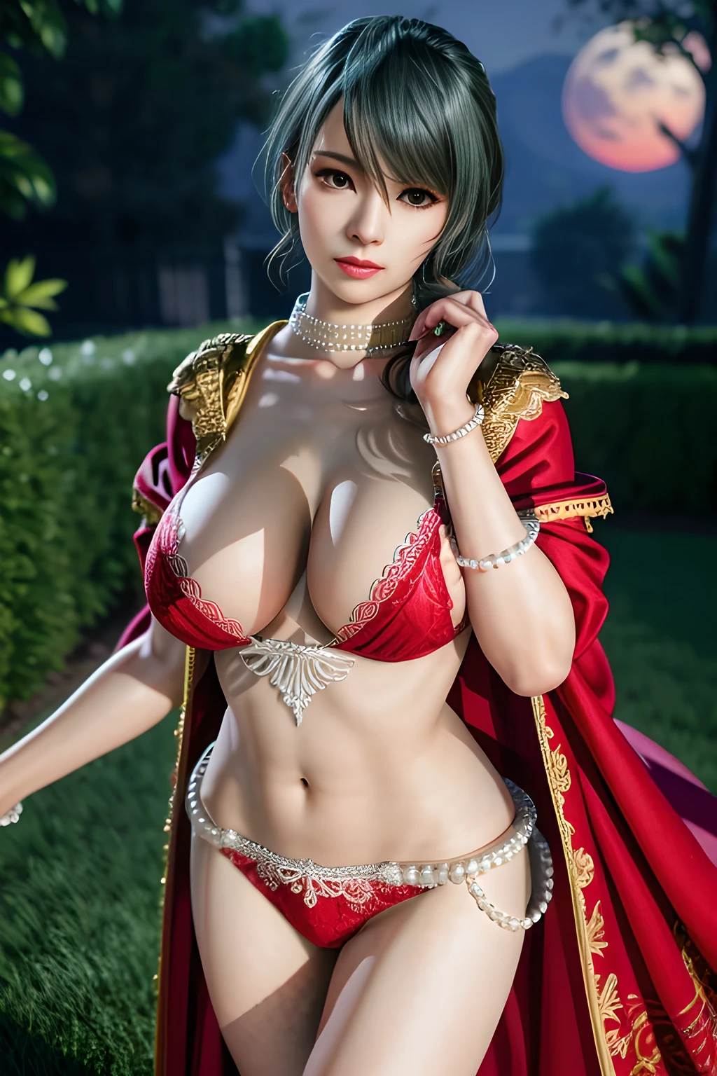 1 girl,lean over WINK,(Wearing Wedding Dress:1.2) ,(Wearing Jewel:1.2) ,( red lace_coat:1.3),(Fluffs :1.4),(pearl bodychain:1.3),garden,nighttime,moon,( huge breasts ),cleavage,shiny skin,lip gloss,tattoos, masterpiece, best quality, realistic ,Surrealism,Rich artistic colors,natural colors art in 8k,3D,Portrait art,solo, tamaki