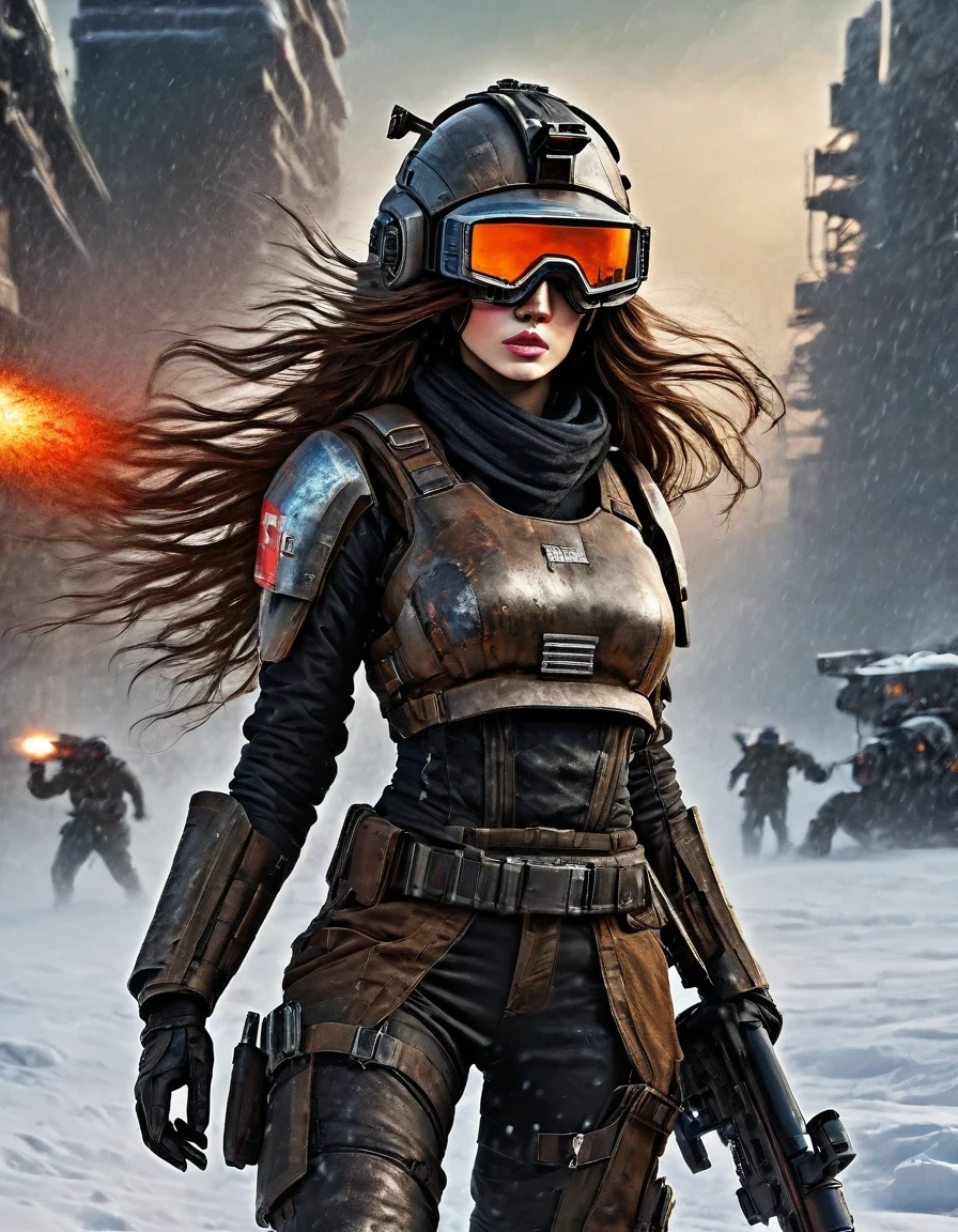 best quality, ultra-detailed, HDR, masterpiece:1.2, wasteland, beautiful warrior holding a rocket launcher, futuristic fantasy, long flowing hair, high-tech helmet, goggles, blood and black oil paint on her face, dirt, wounded, worn-out, tragic, movie still, Siberia, vast wasteland covered in snow, cold night, sci-fi art, in style of Amedeo Modigliani, battle, war, multiple warriors, background: army combat battlefield, numerous brave soldiers.